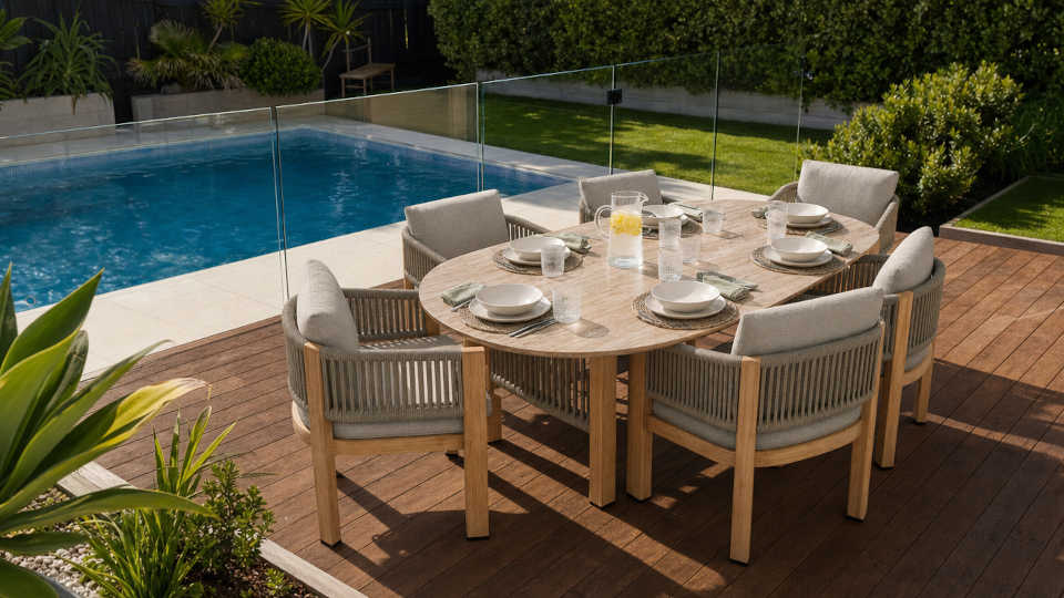 Bala dining set beside a pool