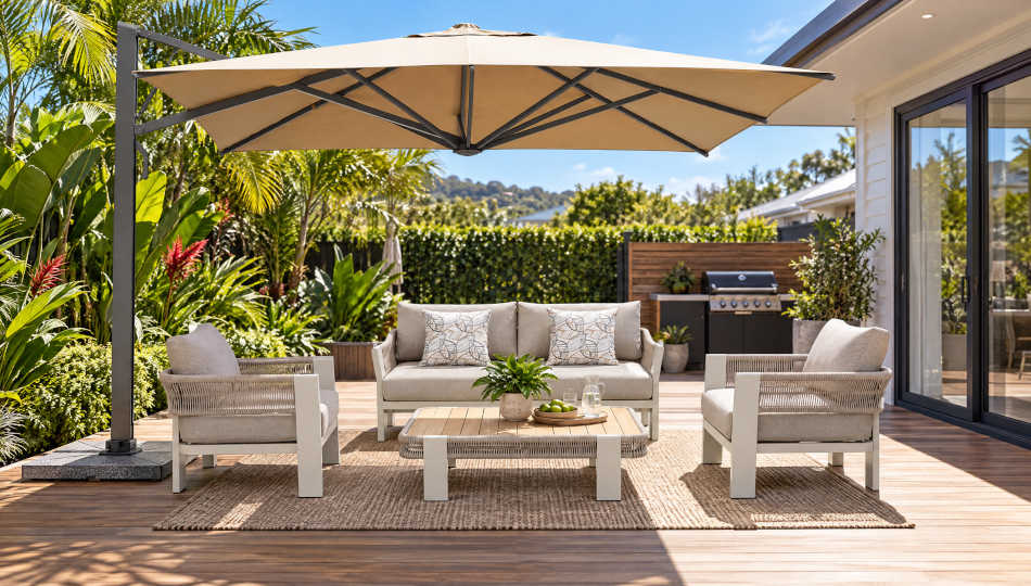 Cantilever umbrella shading a Borromeo lounge set