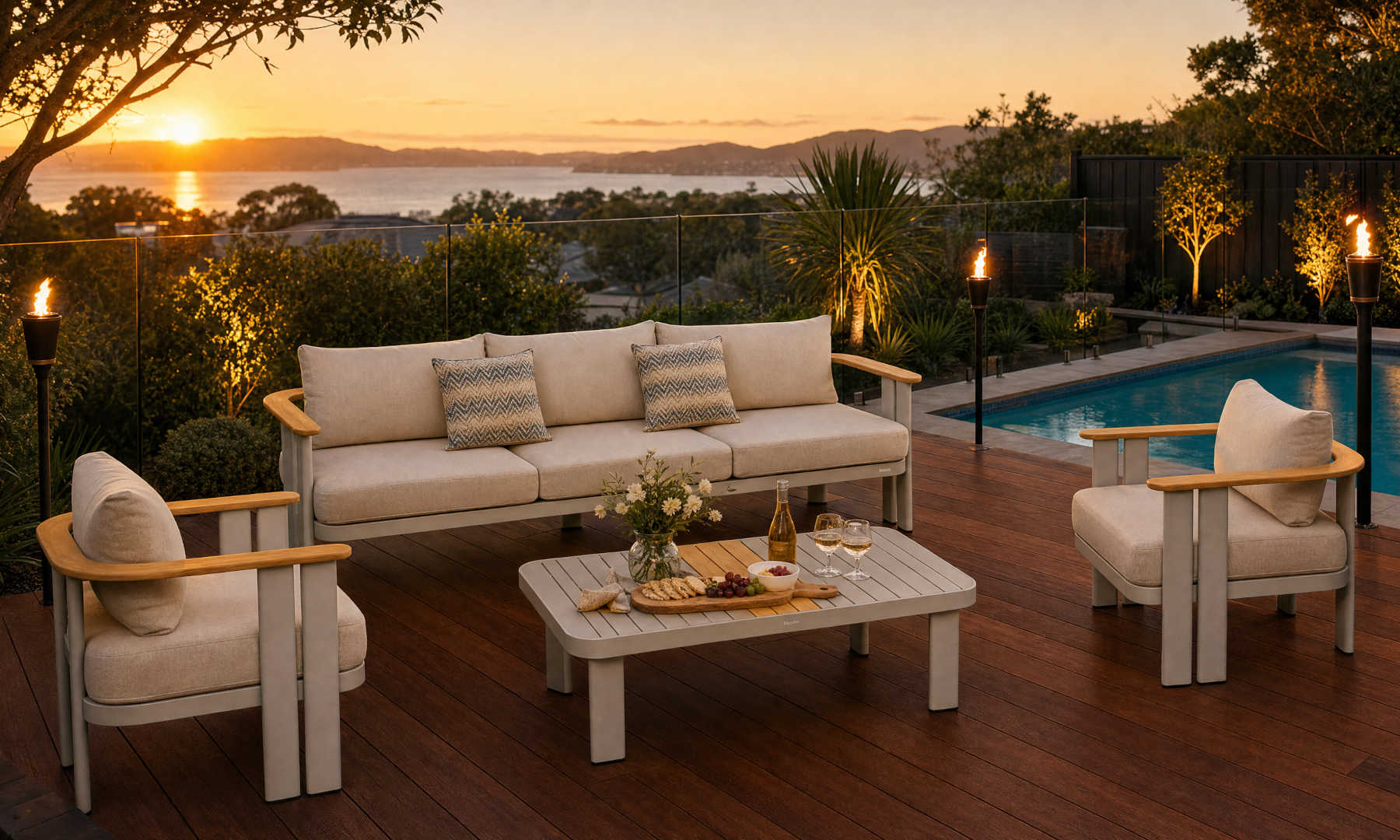 Pardee lounge set on a deck at golden hour